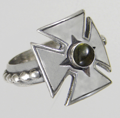 Sterling Silver Woman's Iron Cross Ring With Spectrolite Size 5